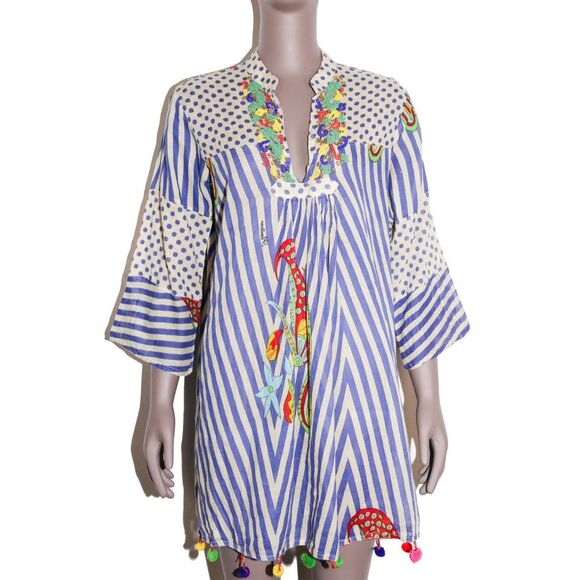 Women's Striped Cotton Beaded Dress Size Large Casual Summer Sundress - Picture 1 of 4